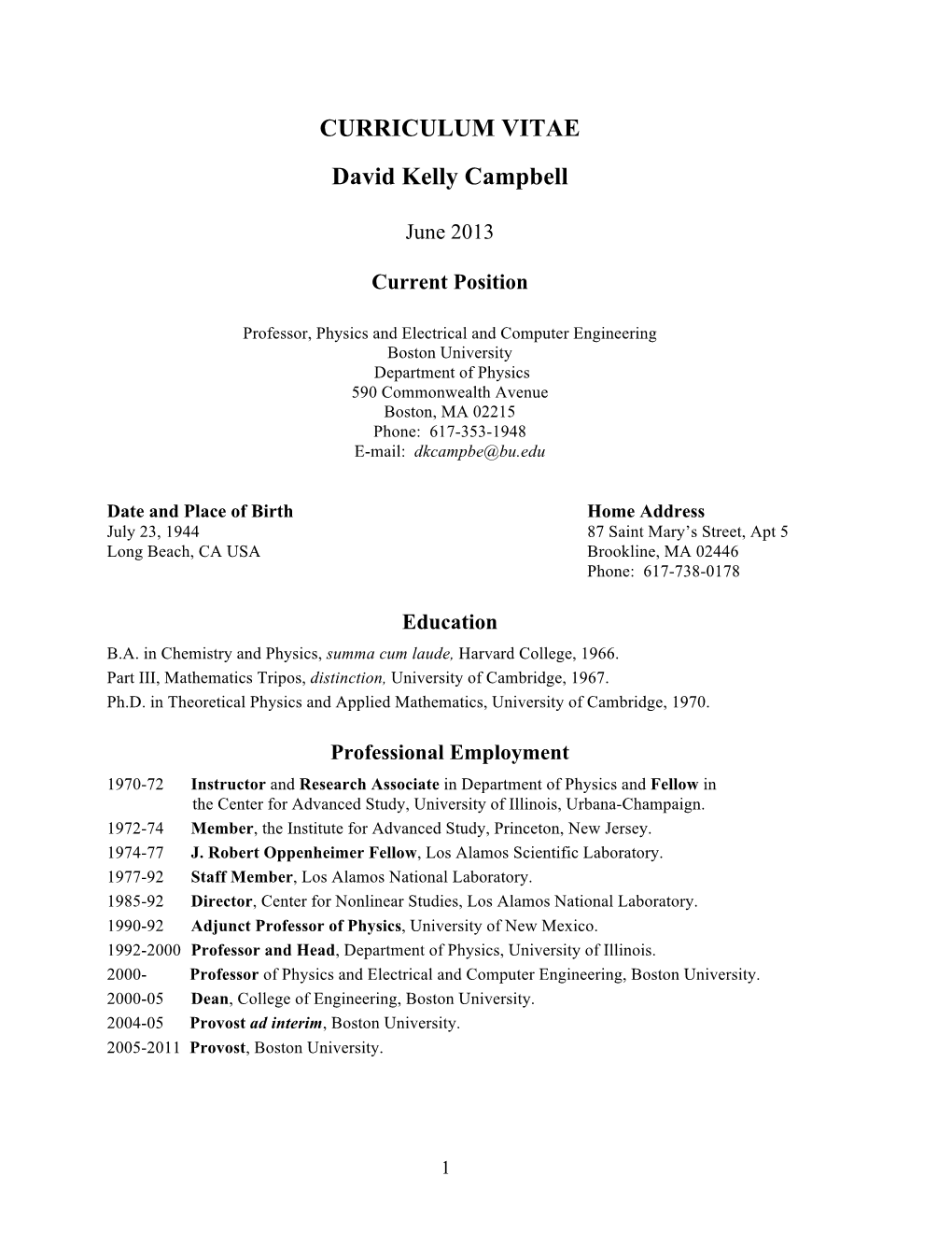 CURRICULUM VITAE David Kelly Campbell