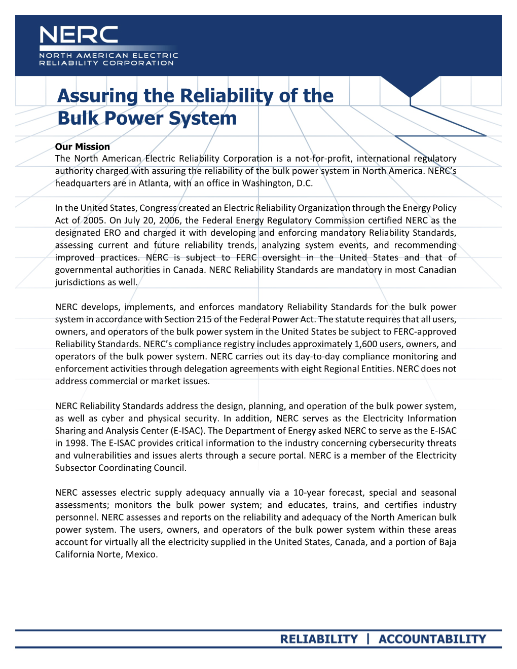 Assuring the Reliability of the Bulk Power System