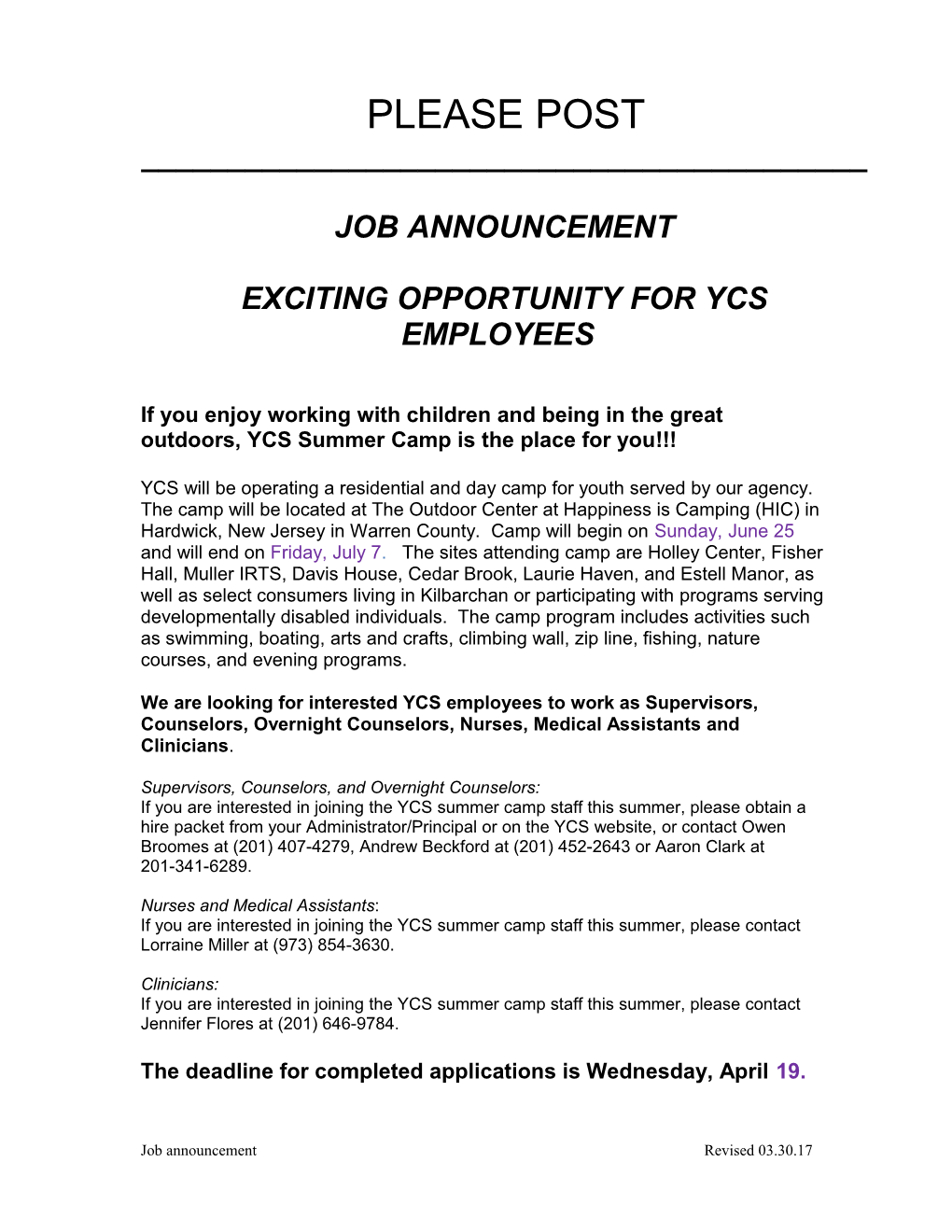 Exciting Opportunity for Ycs Employees