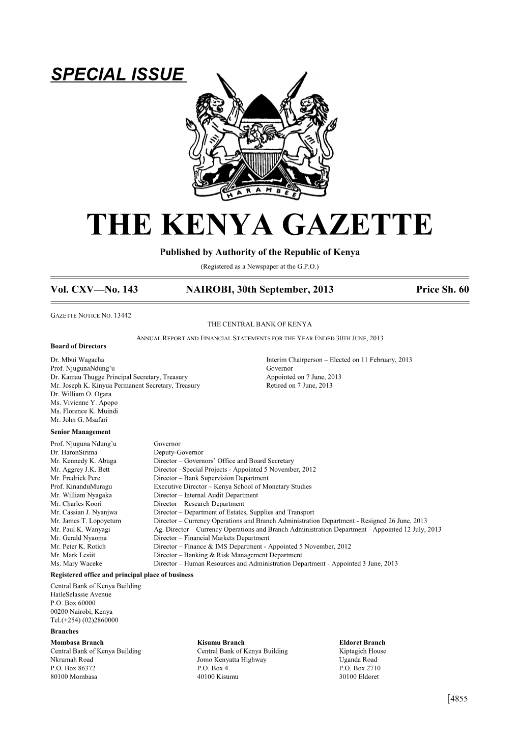 THE KENYA GAZETTE Published by Authority of the Republic of Kenya (Registered As a Newspaper at the G.P.O.)