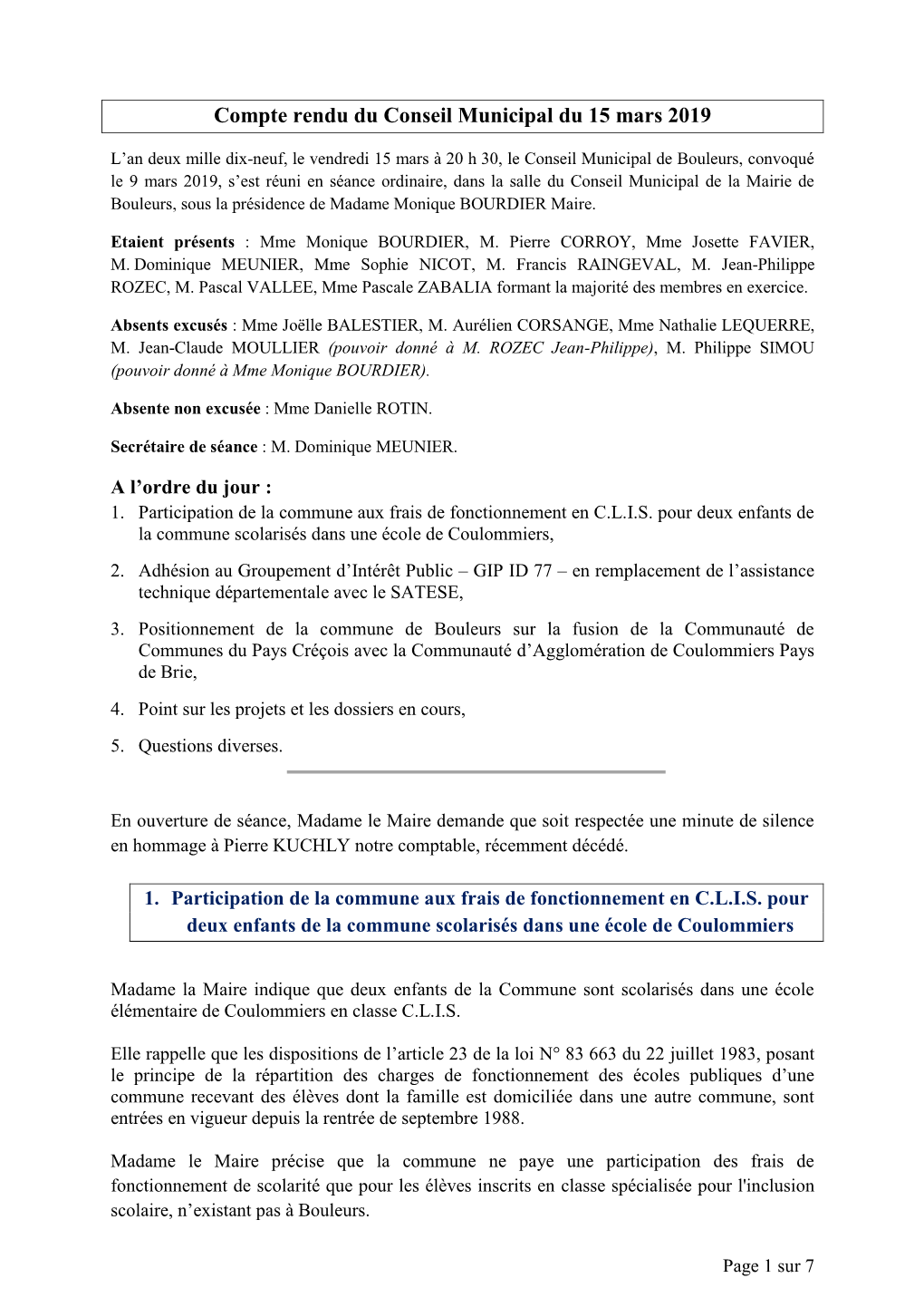 Compte Rendu Du Conseil Municipal Du 15 Mars 2019