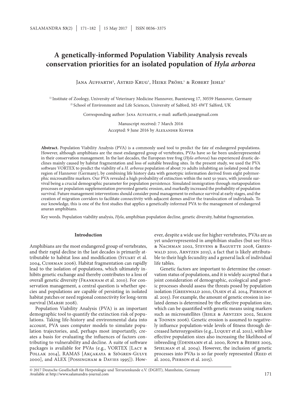 A Genetically-Informed Population Viability Analysis Reveals Conservation Priorities for an Isolated Population of Hyla Arborea