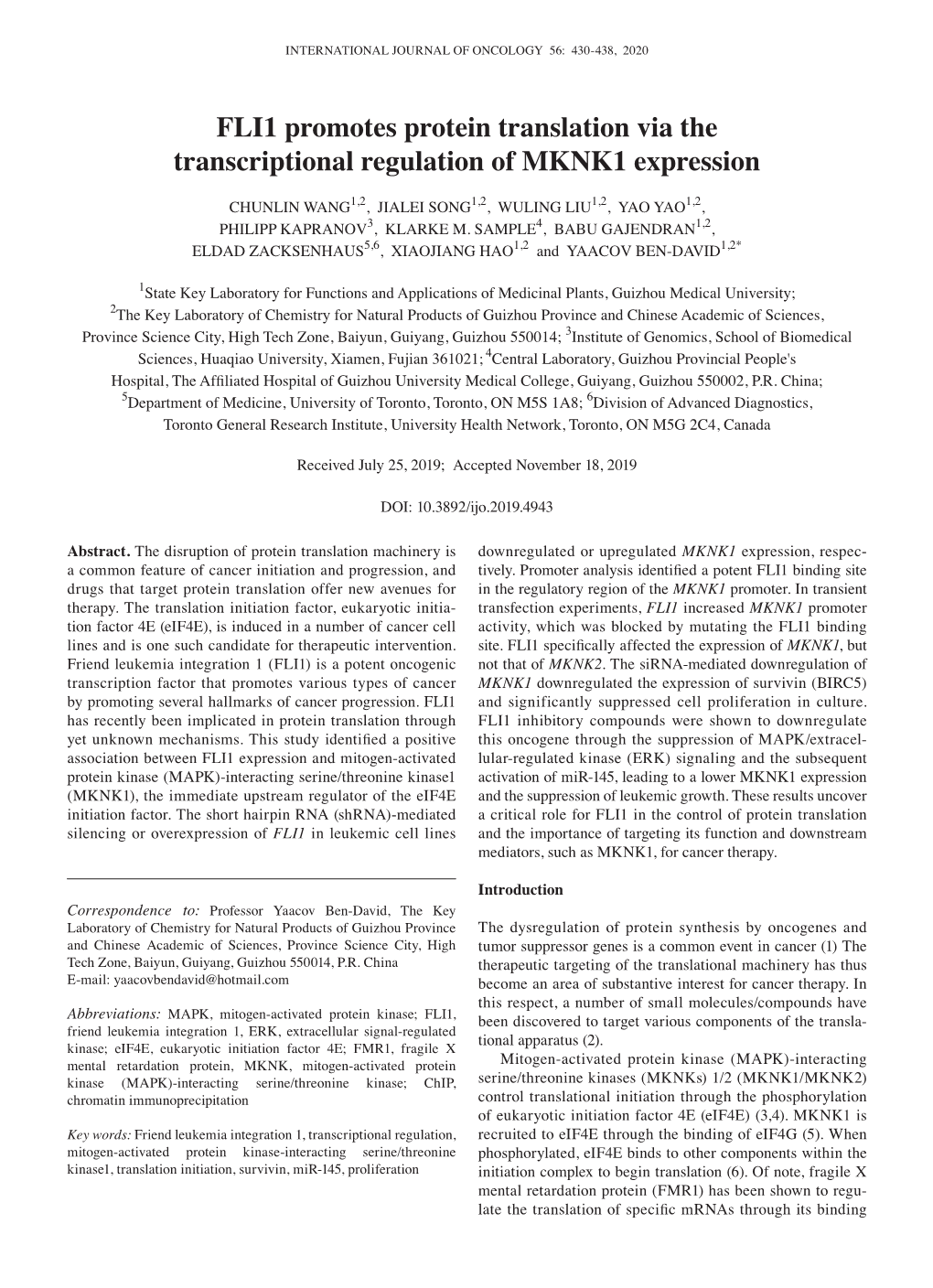 FLI1 Promotes Protein Translation Via the Transcriptional Regulation of MKNK1 Expression