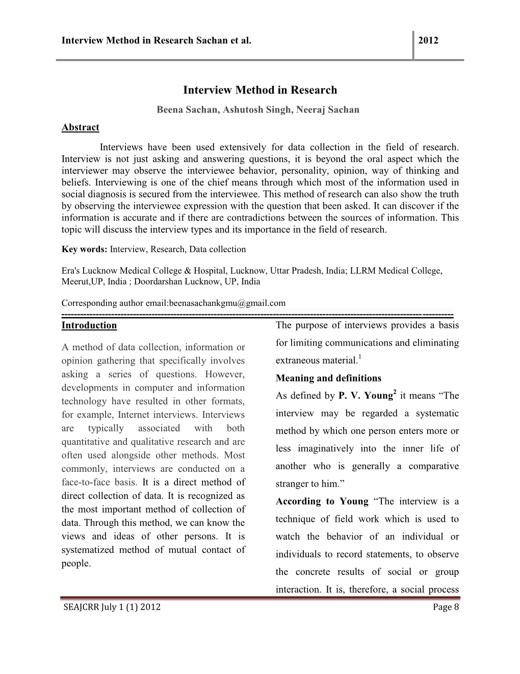 Interview Method in Research Sachan Et Al. 2012