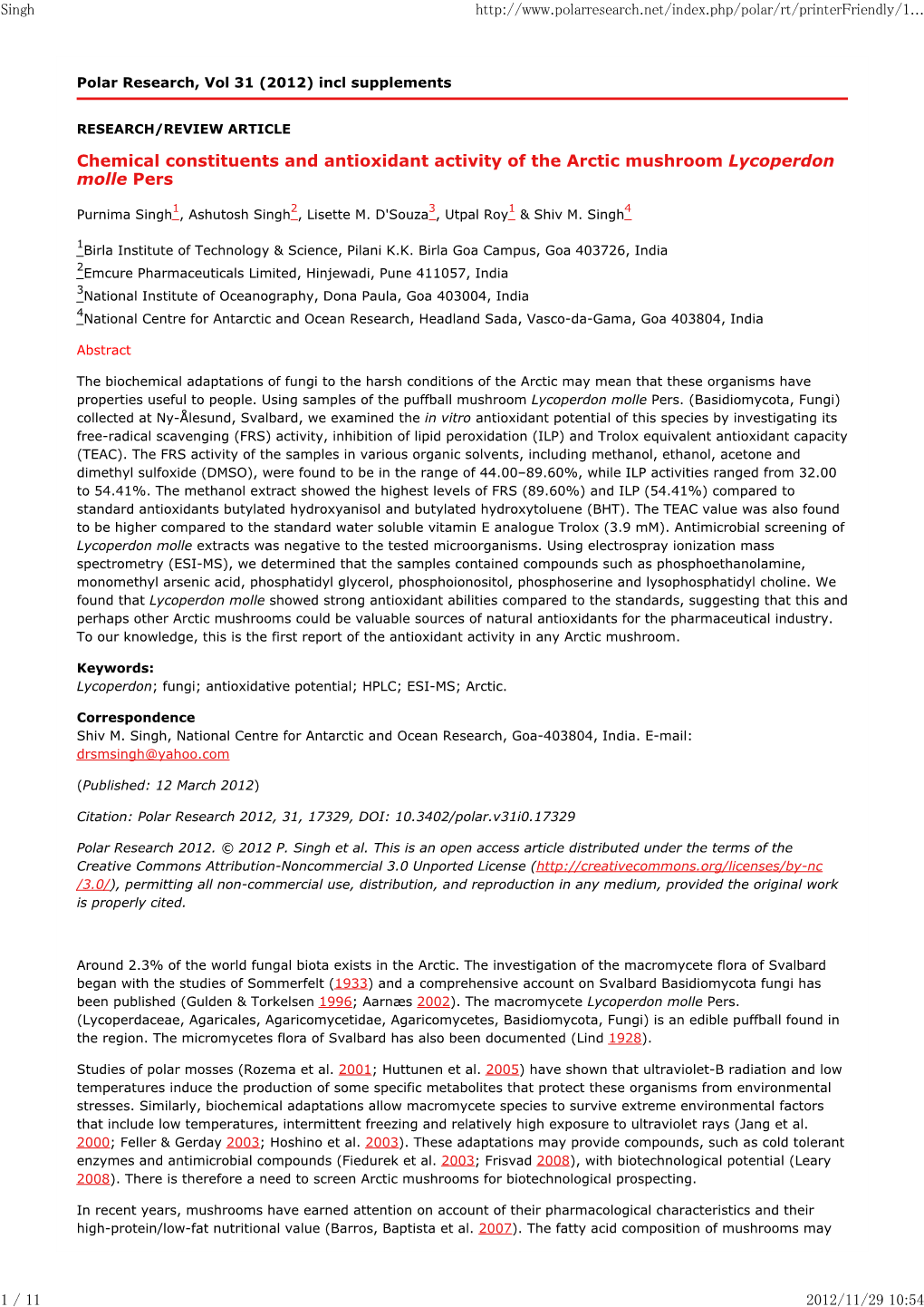 Chemical Constituents and Antioxidant Activity of the Arctic Mushroom Lycoperdon Molle Pers