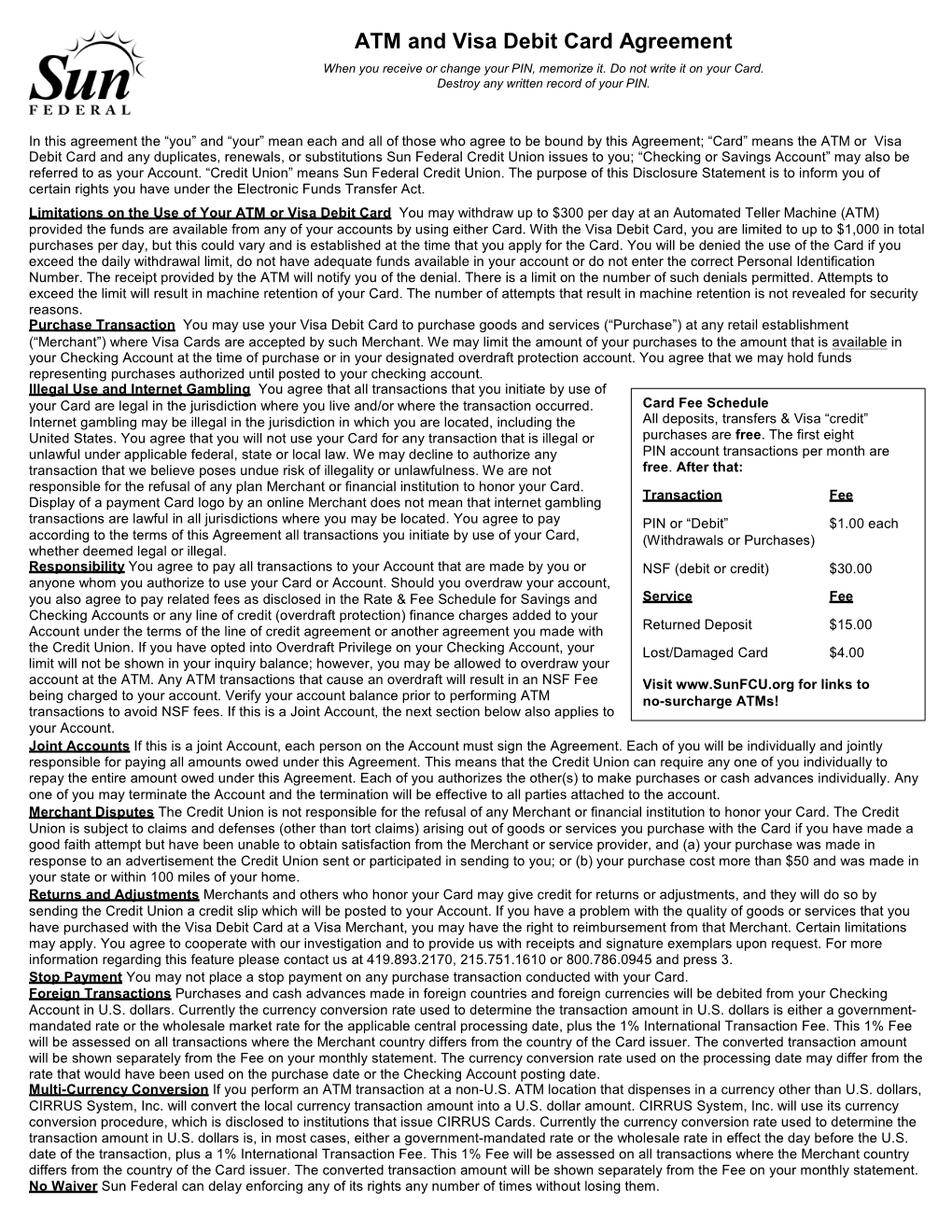ATM and Visa Debit Card Agreement