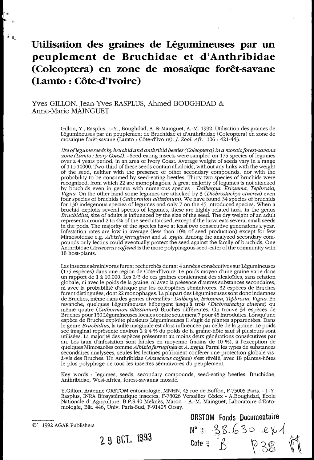 Utilisation Des Graines De Légumineuses Par Un Peuplement De Bruchidae Et D'anthribidae (Coleoptera) En Zone De Mosaïque Forêt-Savane (Lamto : Côte-&'Ivoire)