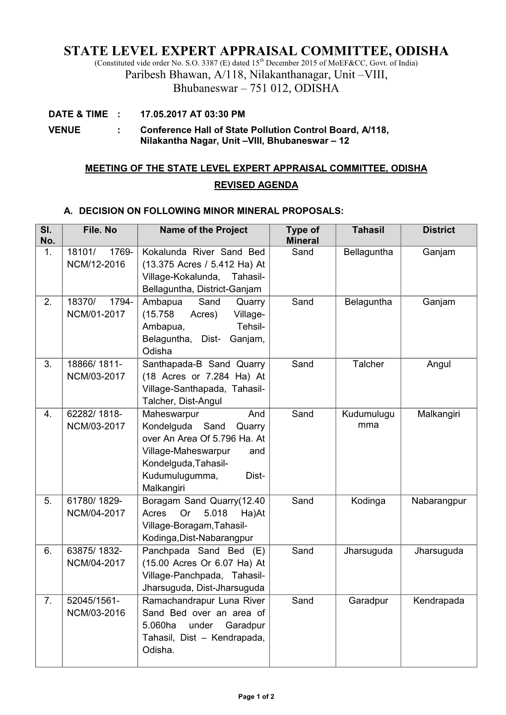 STATE LEVEL EXPERT APPRAISAL COMMITTEE, ODISHA (Constituted Vide Order No