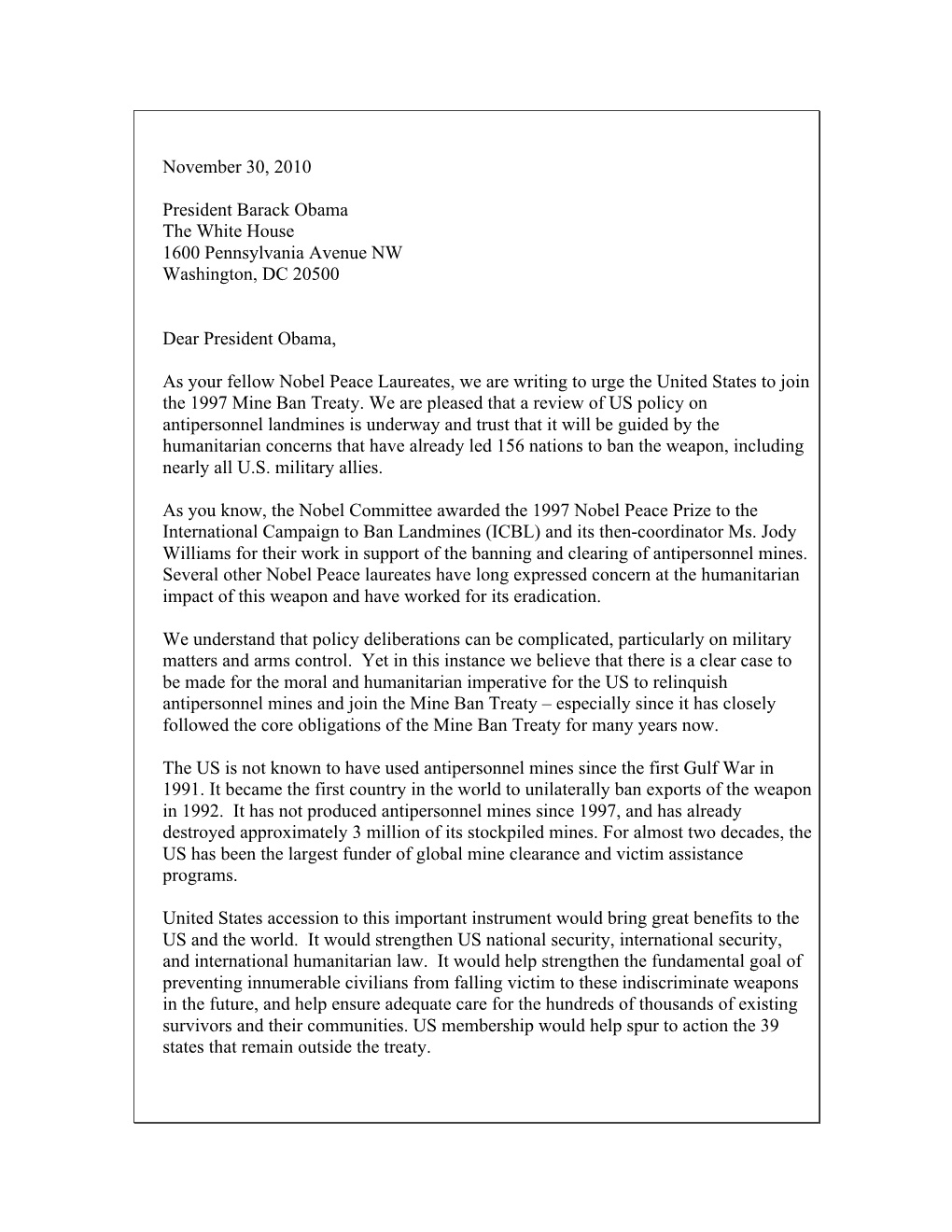 Letter to President Obama