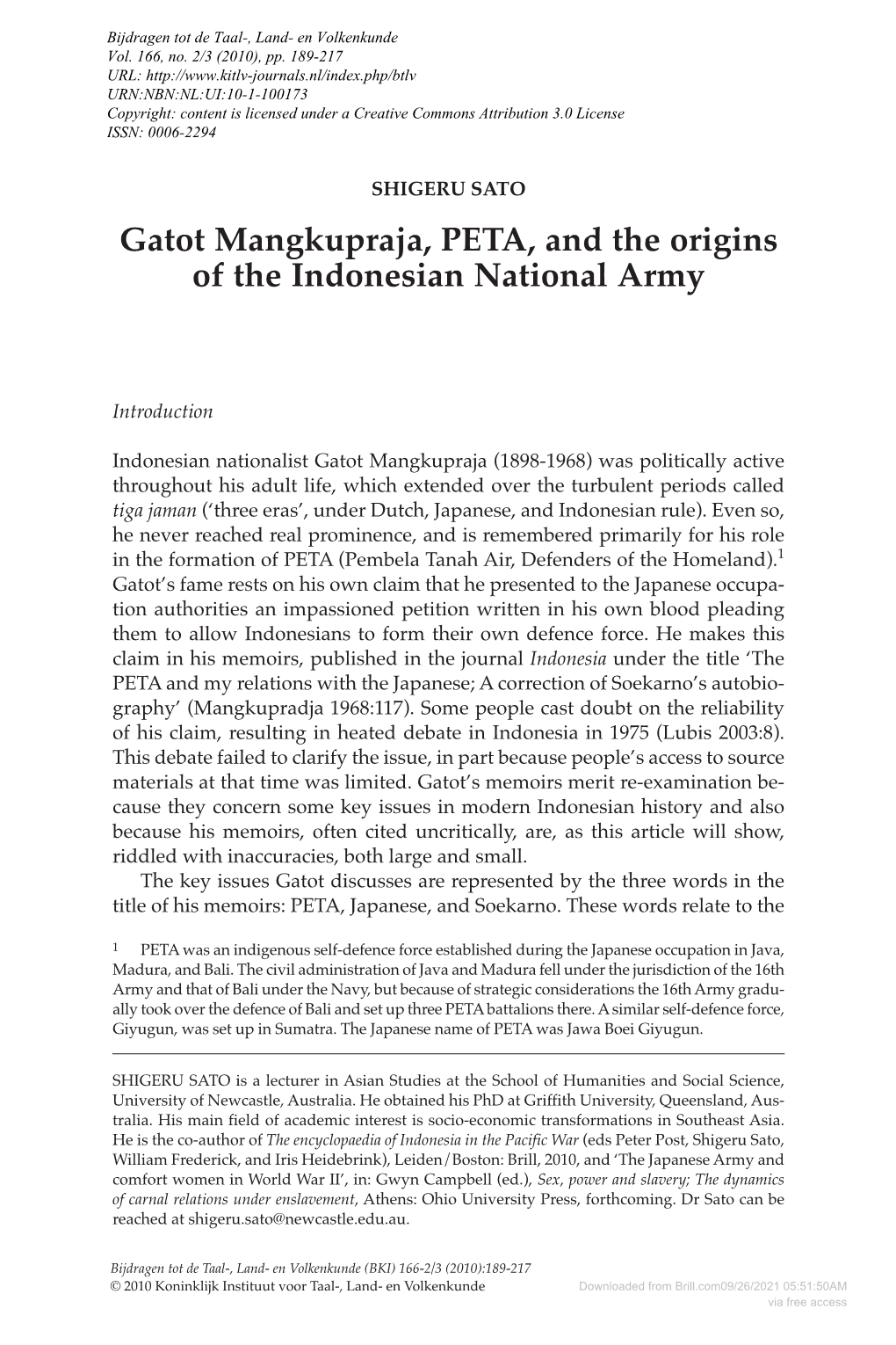 Gatot Mangkupraja, PETA, and the Origins of the Indonesian National Army