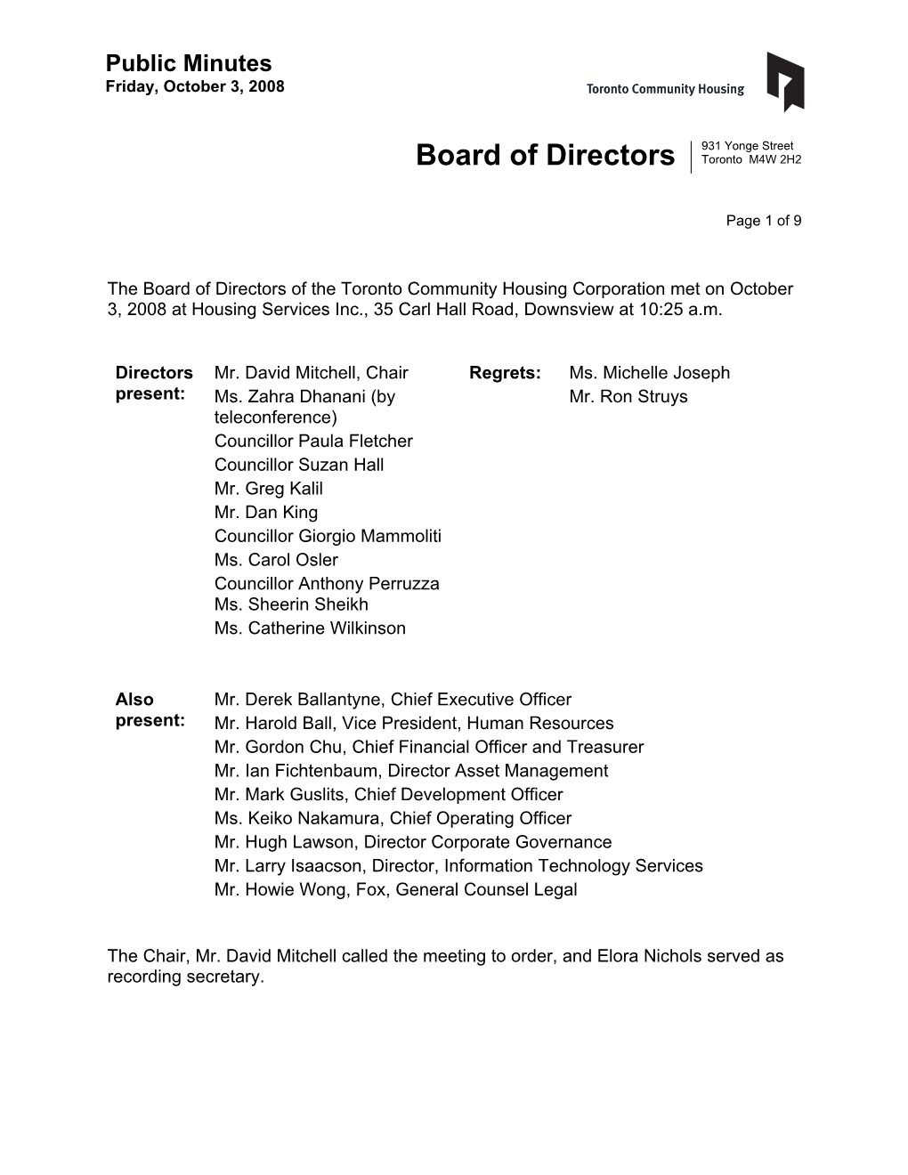 Board of Directors Toronto M4W 2H2