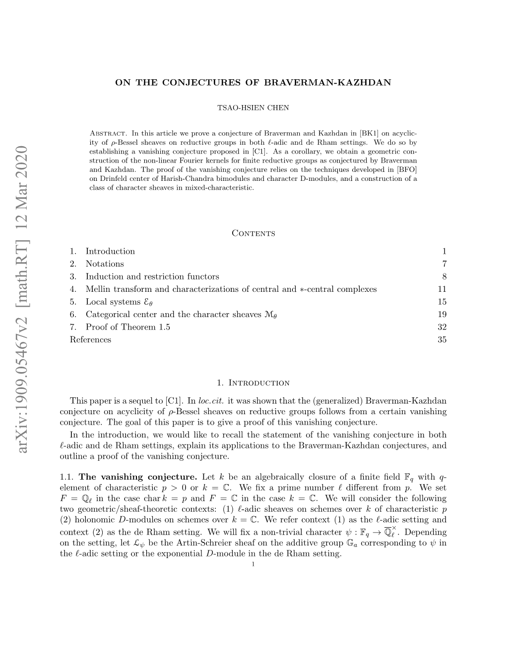 Arxiv:1909.05467V2 [Math.RT] 12 Mar 2020 Ojcue H Olo Hsppri Ogv Ro Fti Va This of Proof a Give ℓ to Is Paper This of Goal the Conjecture