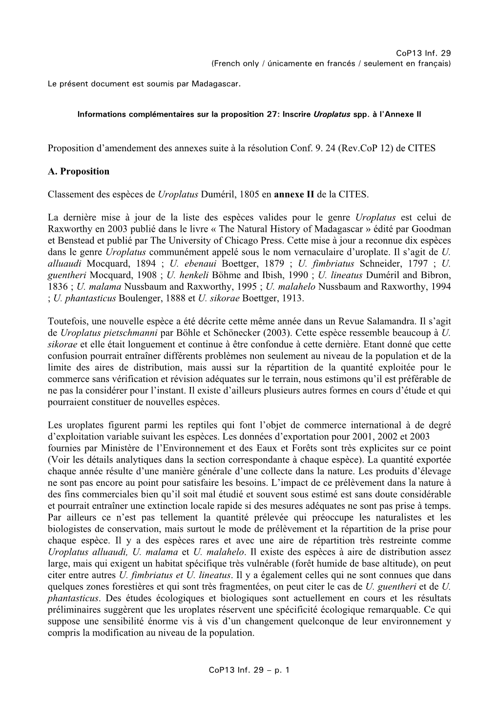 Cop13 Inf. 29 (French Only / Únicamente En Francés / Seulement En Français)