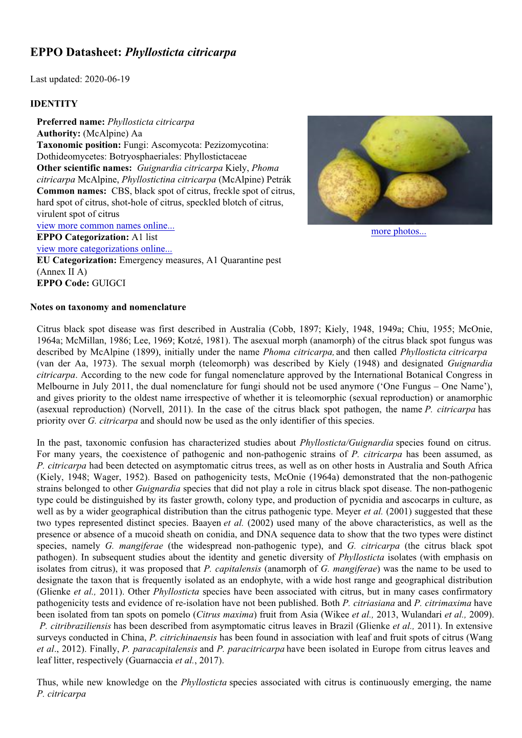 EPPO Datasheet: Phyllosticta Citricarpa