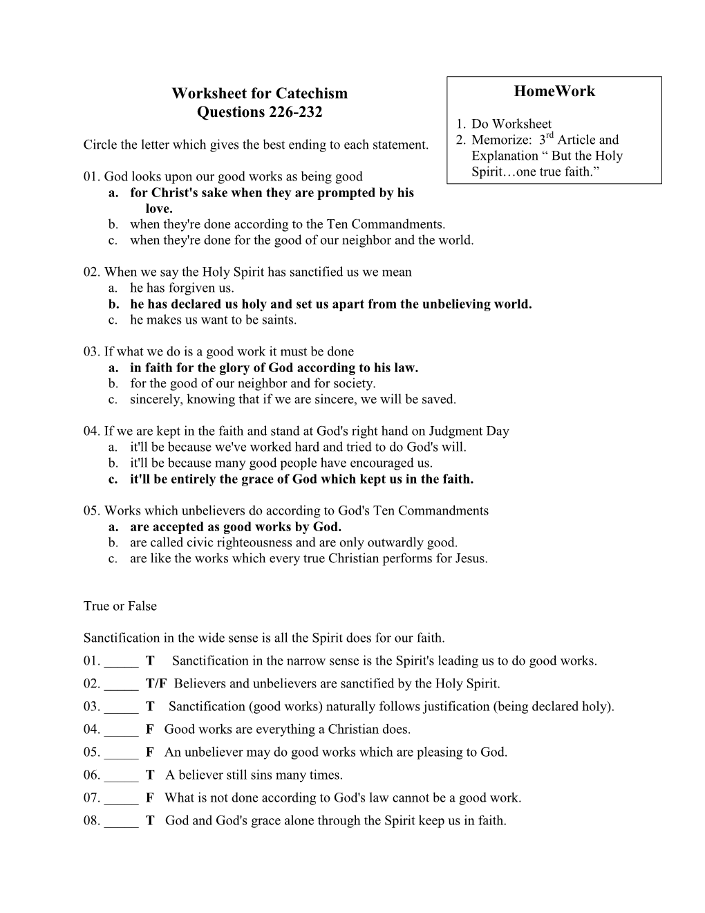 Worksheet for Catechism Questions 226-232