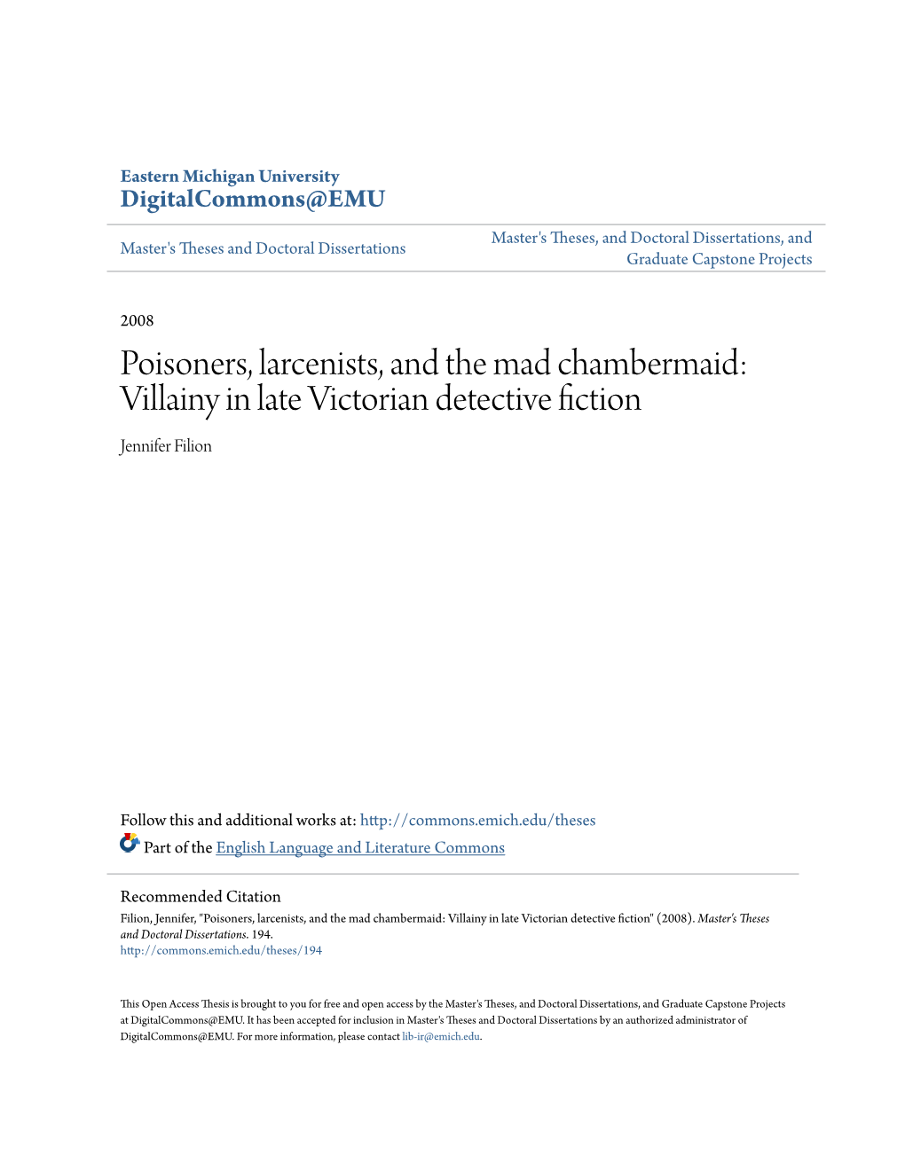 Villainy in Late Victorian Detective Fiction Jennifer Filion