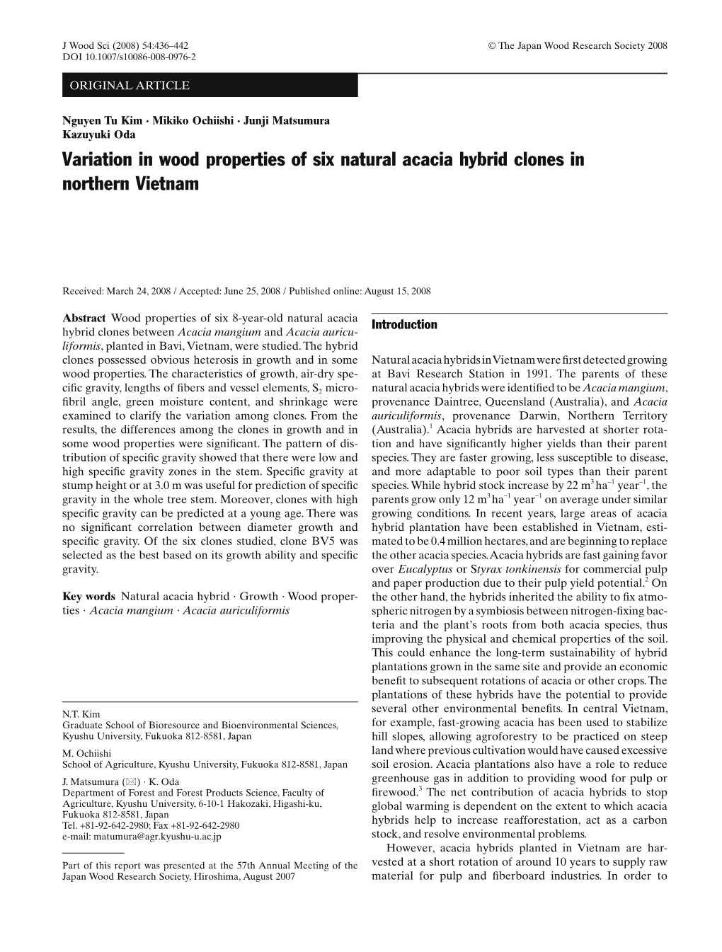 Variation in Wood Properties of Six Natural Acacia Hybrid Clones in Northern Vietnam