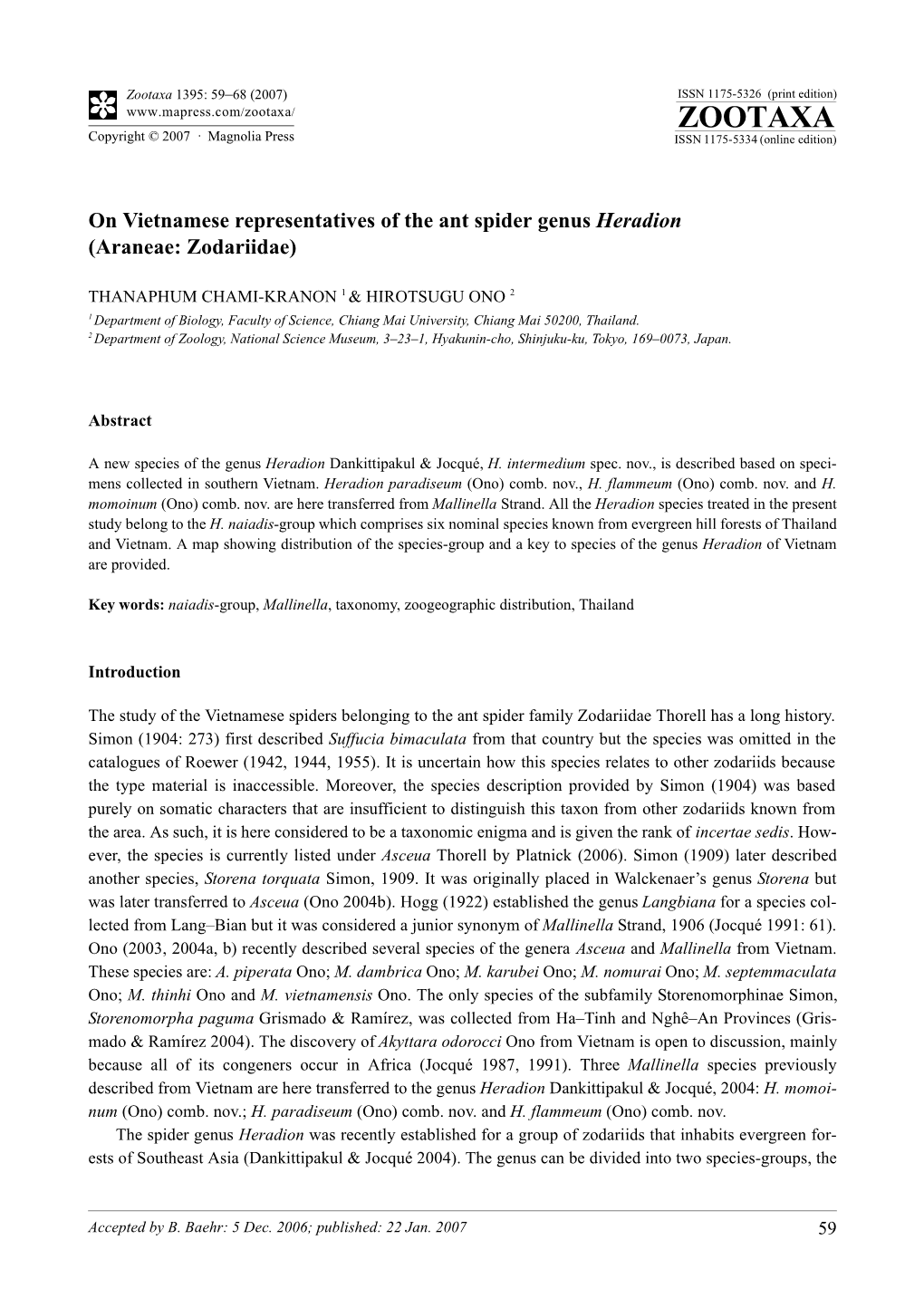 Zootaxa 1395: 59–68 (2007) ISSN 1175-5326 (Print Edition) ZOOTAXA Copyright © 2007 · Magnolia Press ISSN 1175-5334 (Online Edition)