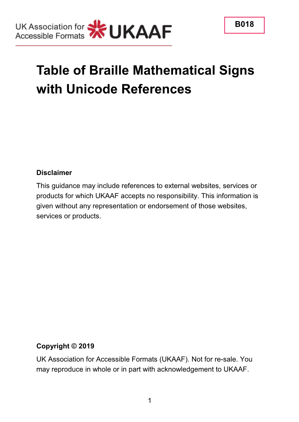 Table of Braille Mathematical Signs with Unicode References