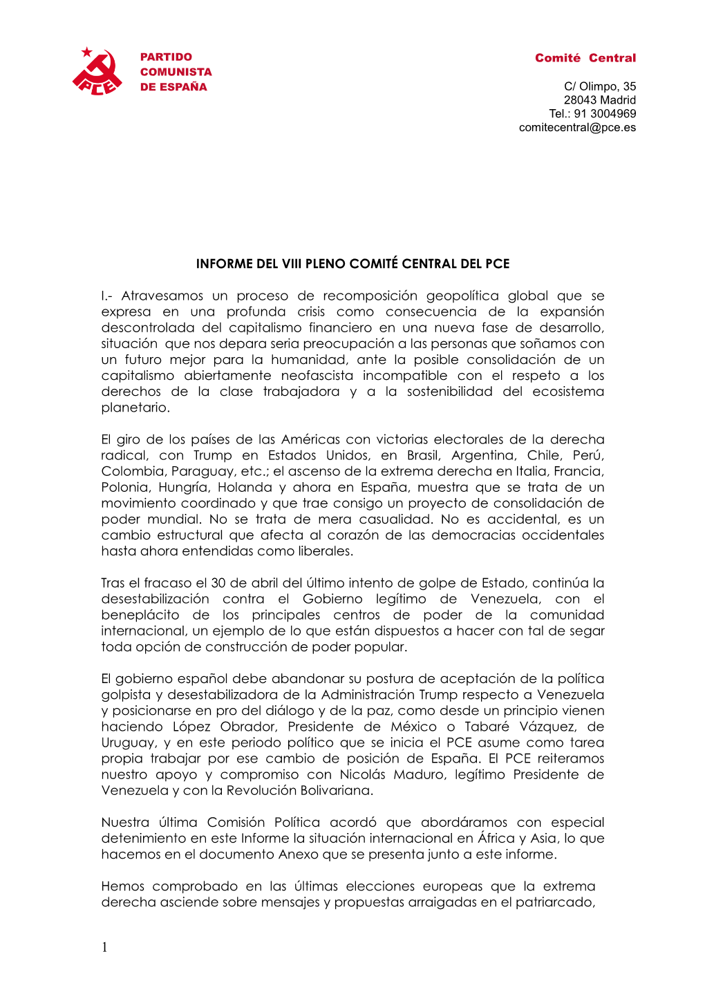 Informe Del Viii Pleno Comité Central Del Pce I