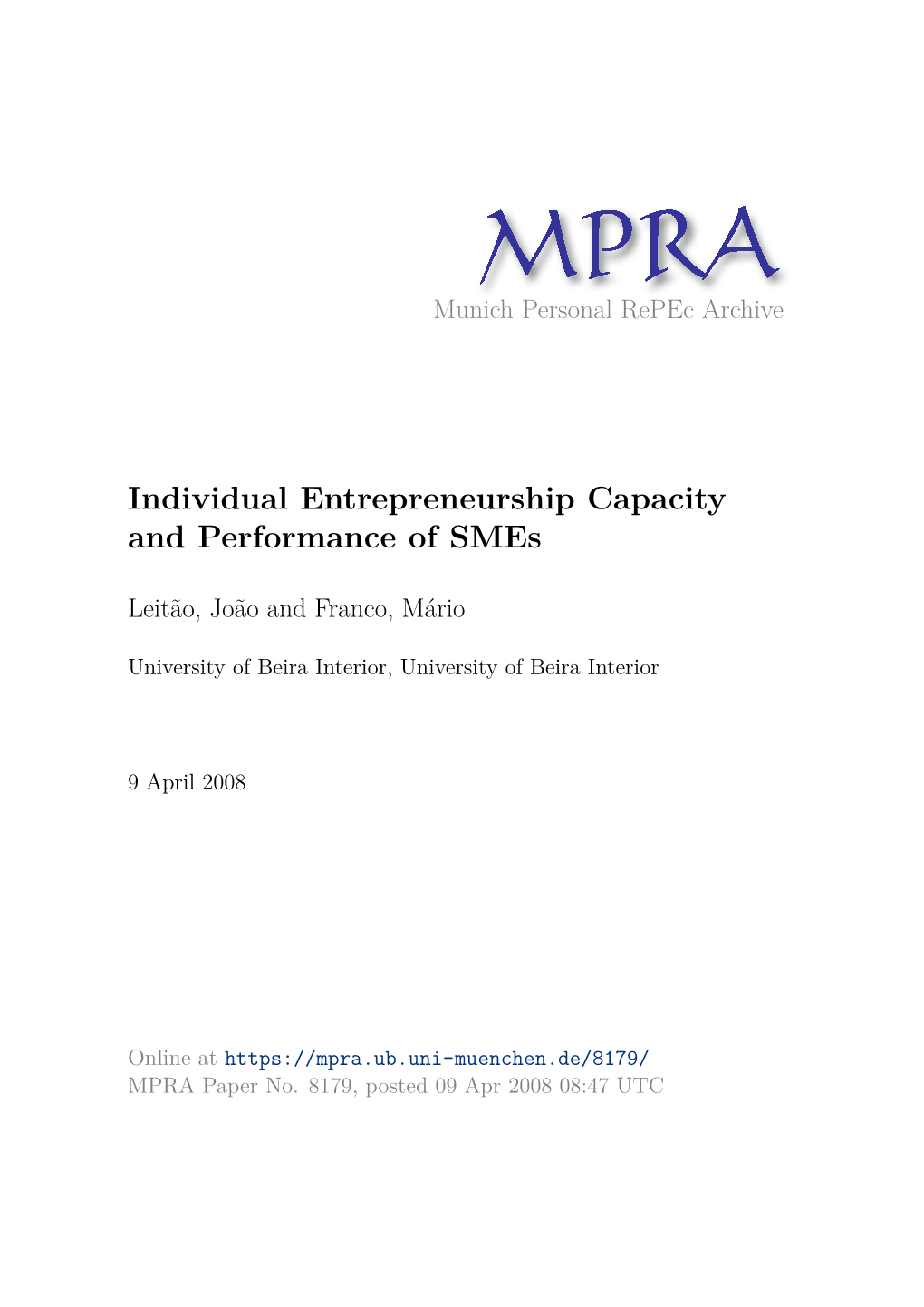 Individual Entrepreneurship Capacity and Performance of Smes