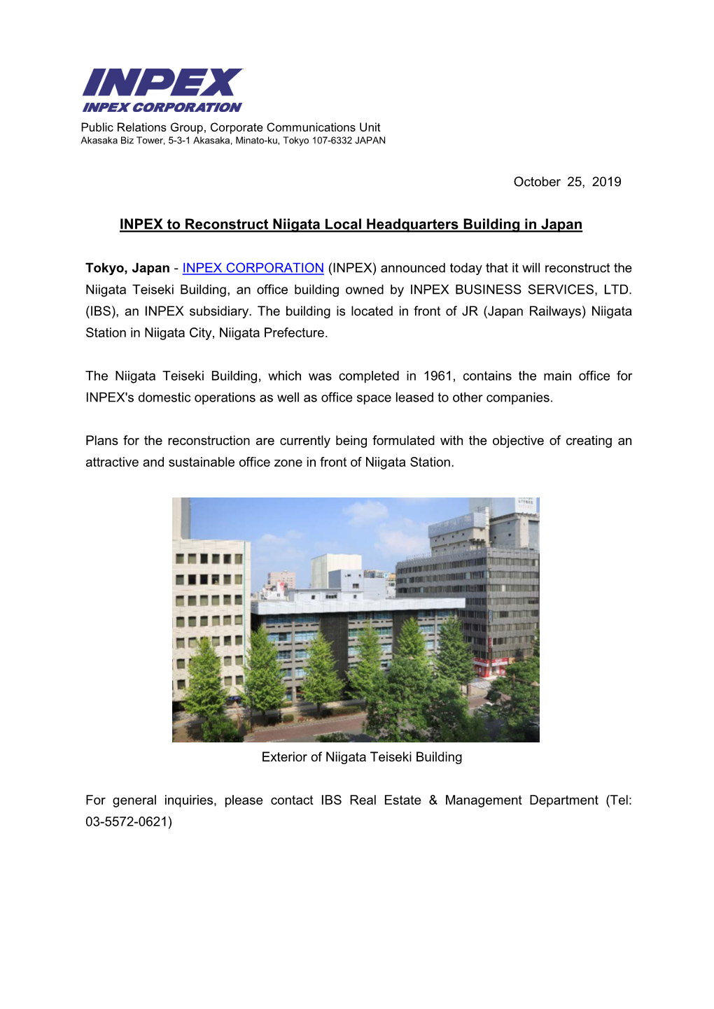 Oct. 25, 2019Info INPEX to Reconstruct Niigata Local