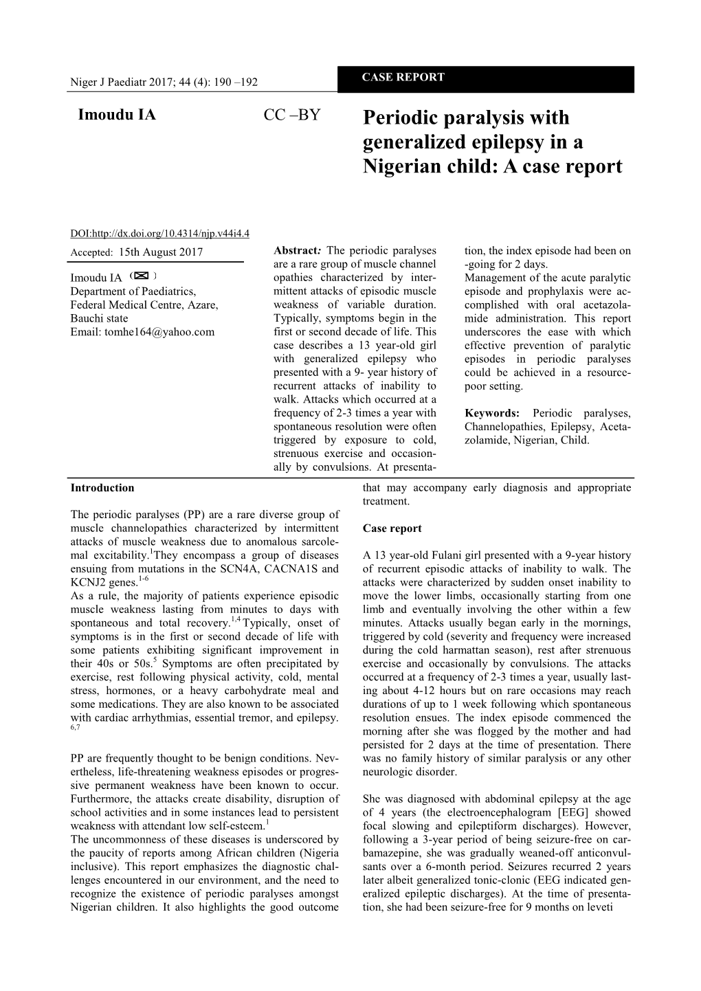 Periodic Paralysis with Generalized Epilepsy in a Nigerian Child: a Case Report