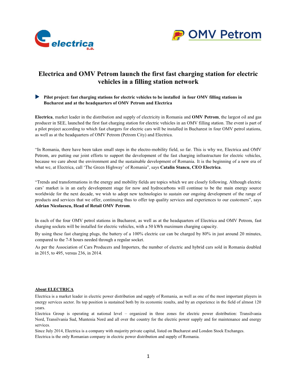 Electrica and OMV Petrom Launch the First Fast Charging Station for Electric Vehicles in a Filling Station Network
