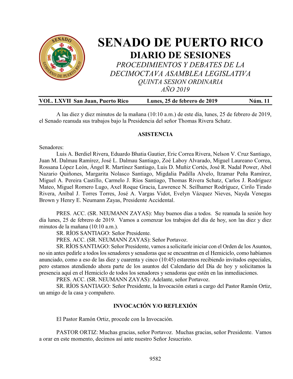Senado De Puerto Rico Diario De Sesiones Procedimientos Y Debates De La Decimoctava Asamblea Legislativa Quinta Sesion Ordinaria Año 2019 Vol