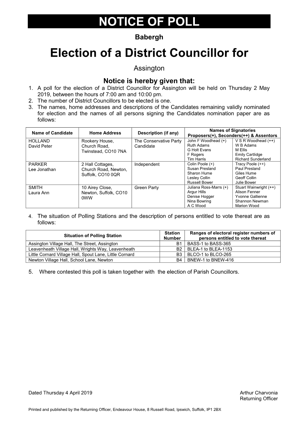 NOTICE of POLL Election of a District Councillor