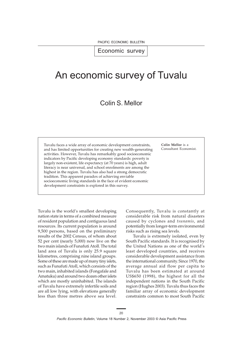 An Economic Survey of Tuvalu