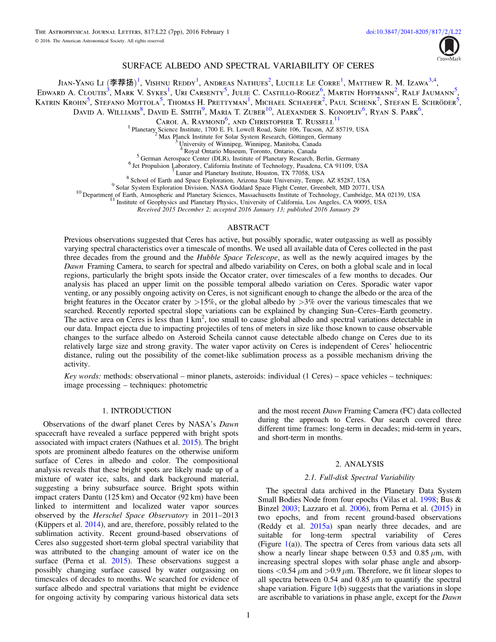 SURFACE ALBEDO and SPECTRAL VARIABILITY of CERES Jian-Yang Li (李荐扬)1, Vishnu Reddy1, Andreas Nathues2, Lucille Le Corre1, Matthew R