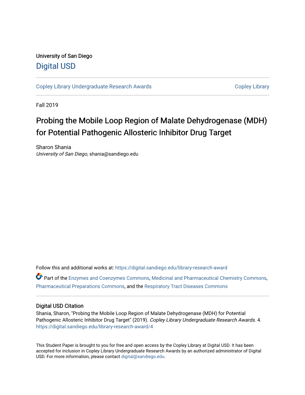 Probing the Mobile Loop Region of Malate Dehydrogenase (MDH) for Potential Pathogenic Allosteric Inhibitor Drug Target