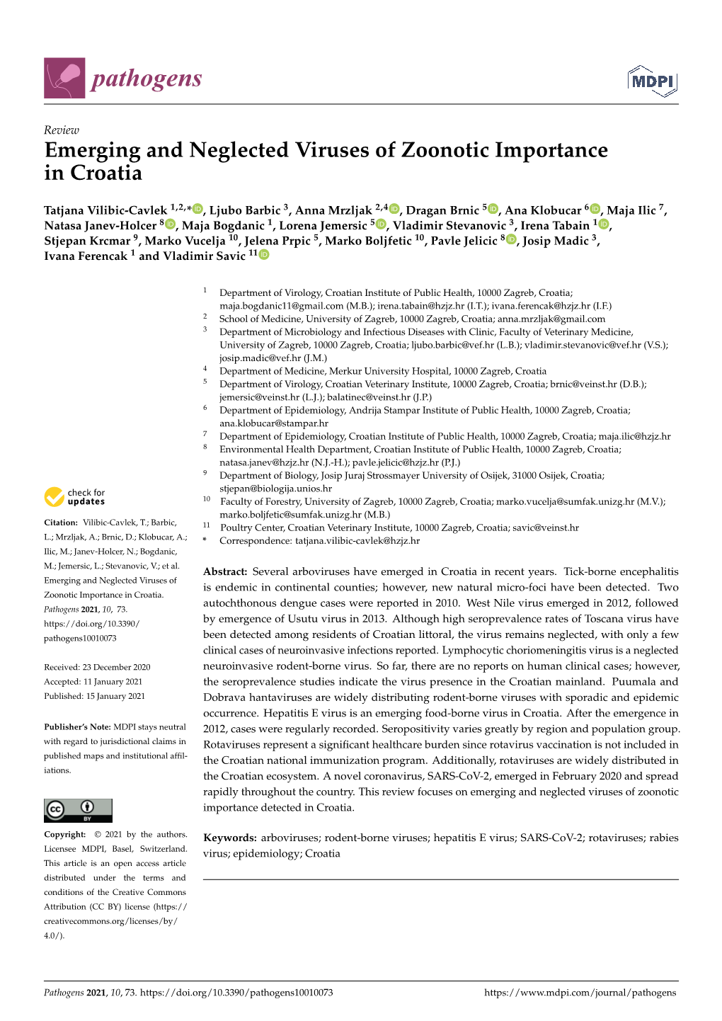 Emerging and Neglected Viruses of Zoonotic Importance in Croatia