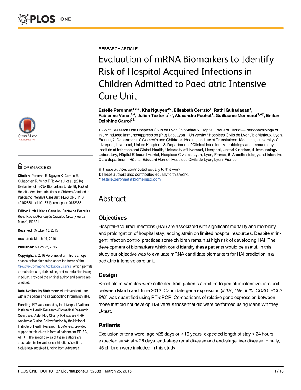 Evaluation of Mrna Biomarkers to Identify Risk of Hospital Acquired Infections in Children Admitted to Paediatric Intensive Care Unit