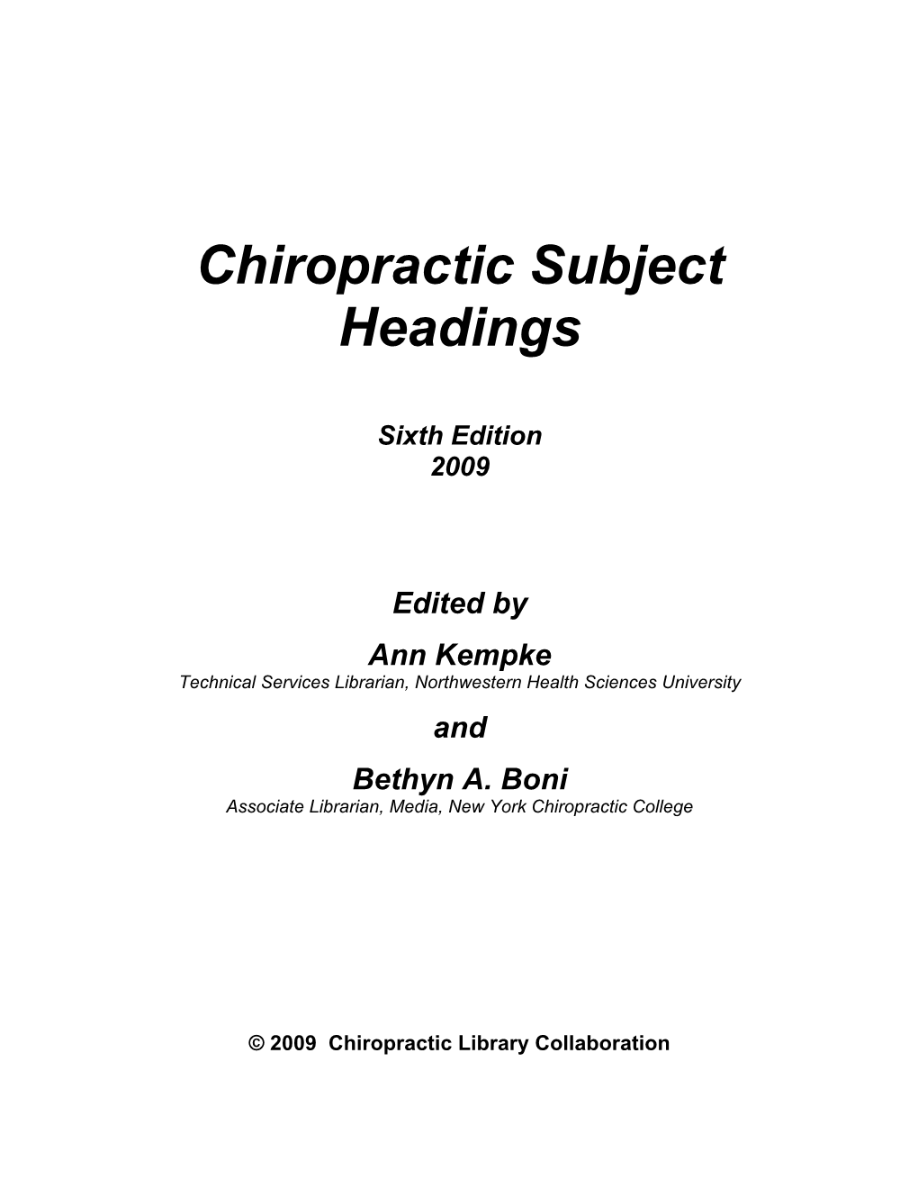 Chiropractic Subject Headings 6Th