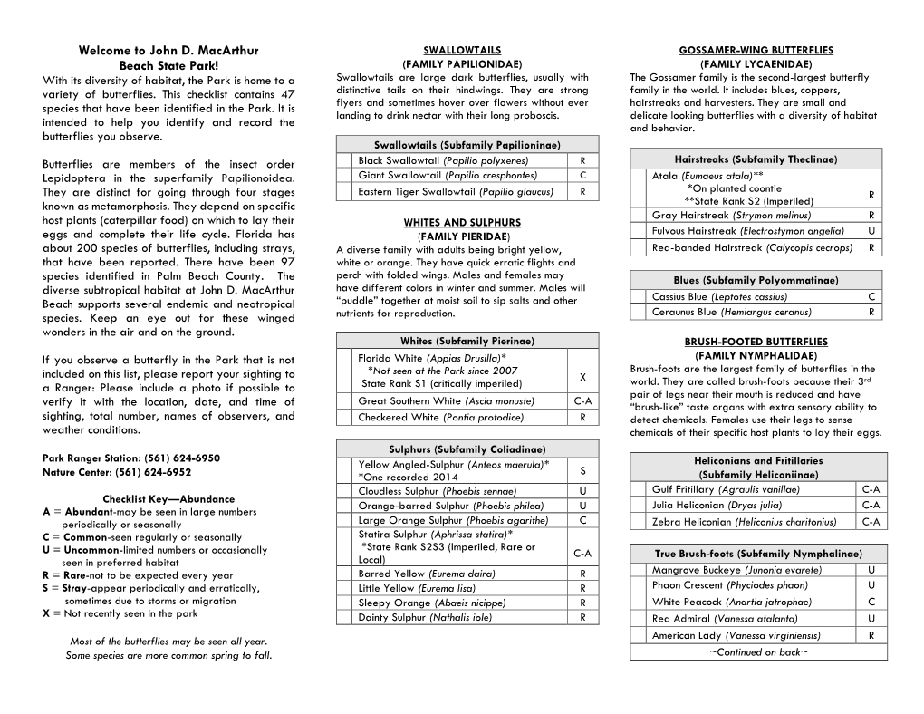 Macarthur Beach Butterfly Species Checklist