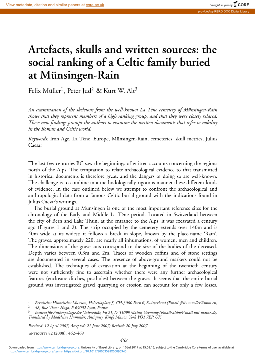 The Social Ranking of a Celtic Family Buried at M¨Unsingen-Rain