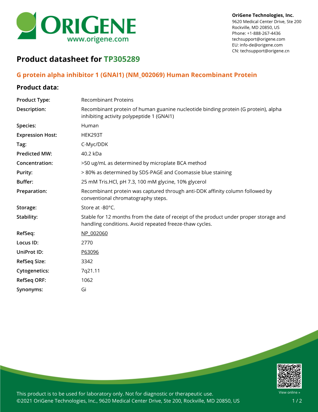 G Protein Alpha Inhibitor 1 (GNAI1) (NM 002069) Human Recombinant Protein Product Data