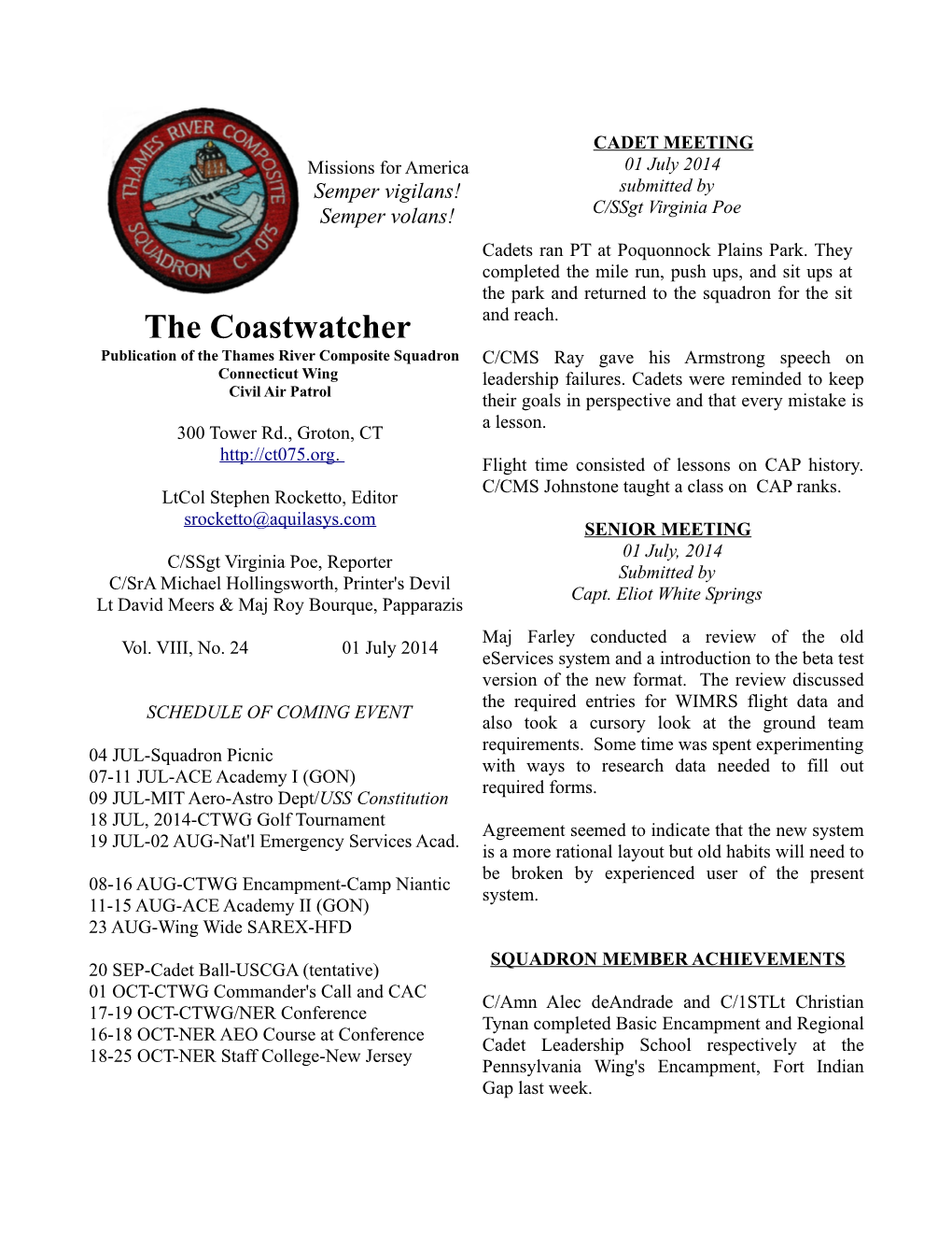 The Coastwatcher Publication of the Thames River Composite Squadron C/CMS Ray Gave His Armstrong Speech on Connecticut Wing Leadership Failures