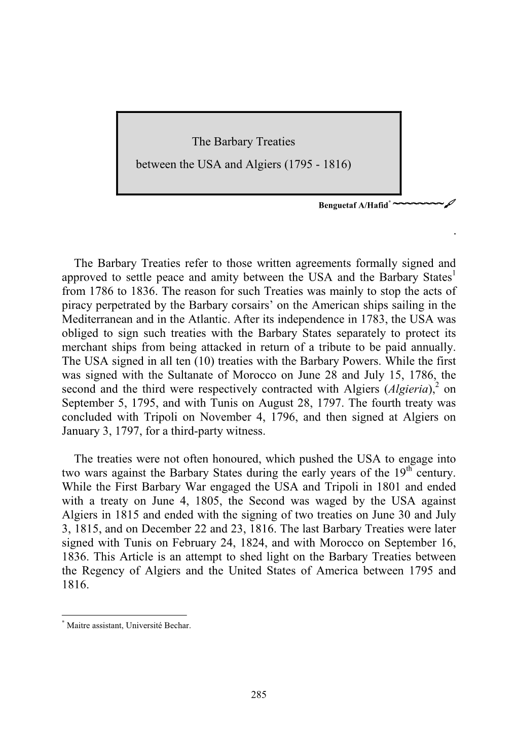 The Barbary Treaties Between the USA and Algiers (1795 - 1816)
