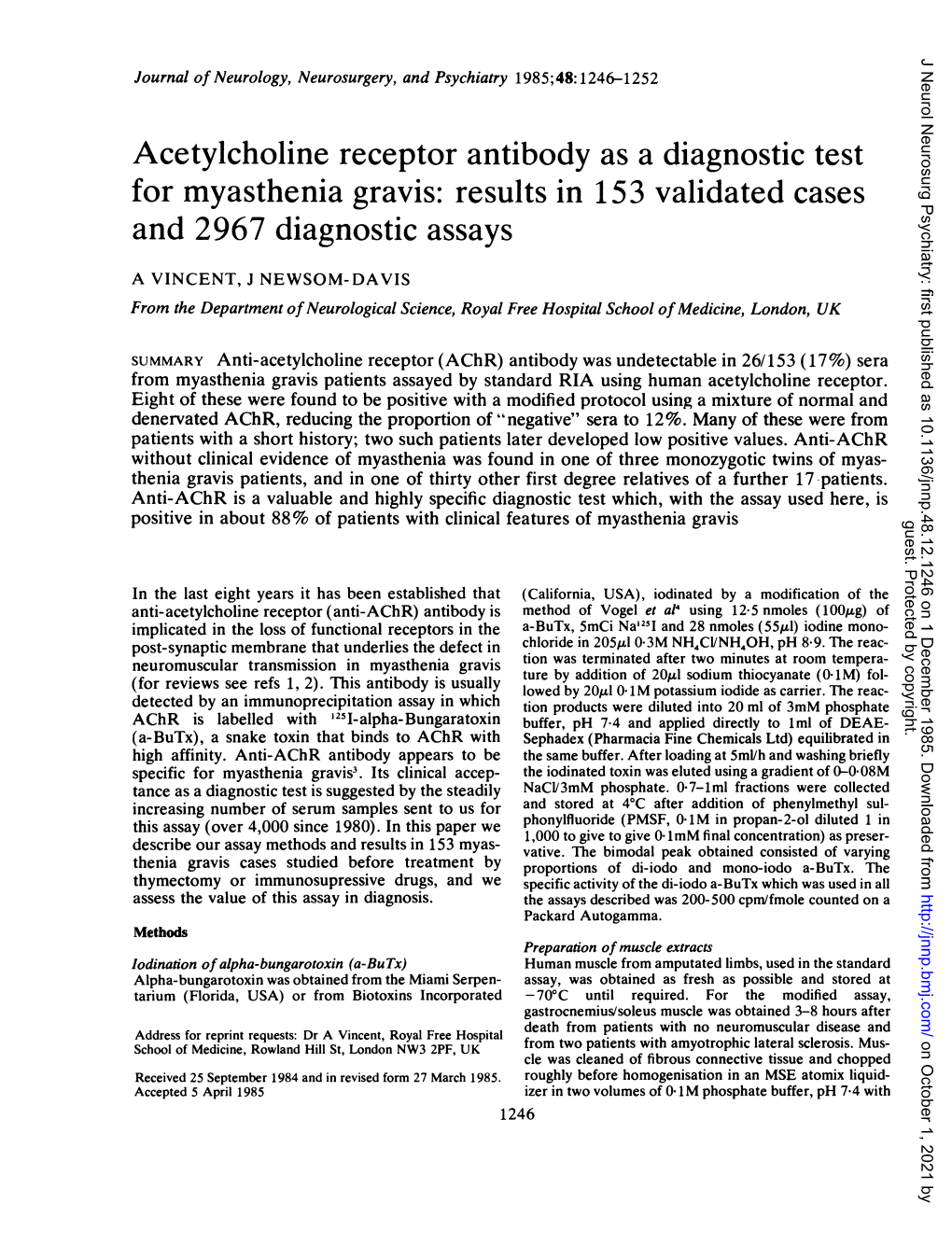 Acetylcholine Receptor Antibody As a Diagnostic Test for Myasthenia Gravis: Results in 153 Validated Cases and 2967 Diagnostic Assays