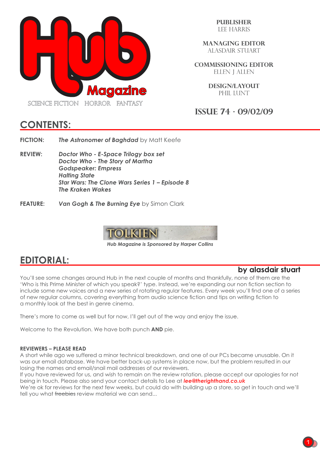 Magazine Phil Lunt SCIENCE FICTION HORROR FANTASY Hub Issue 74