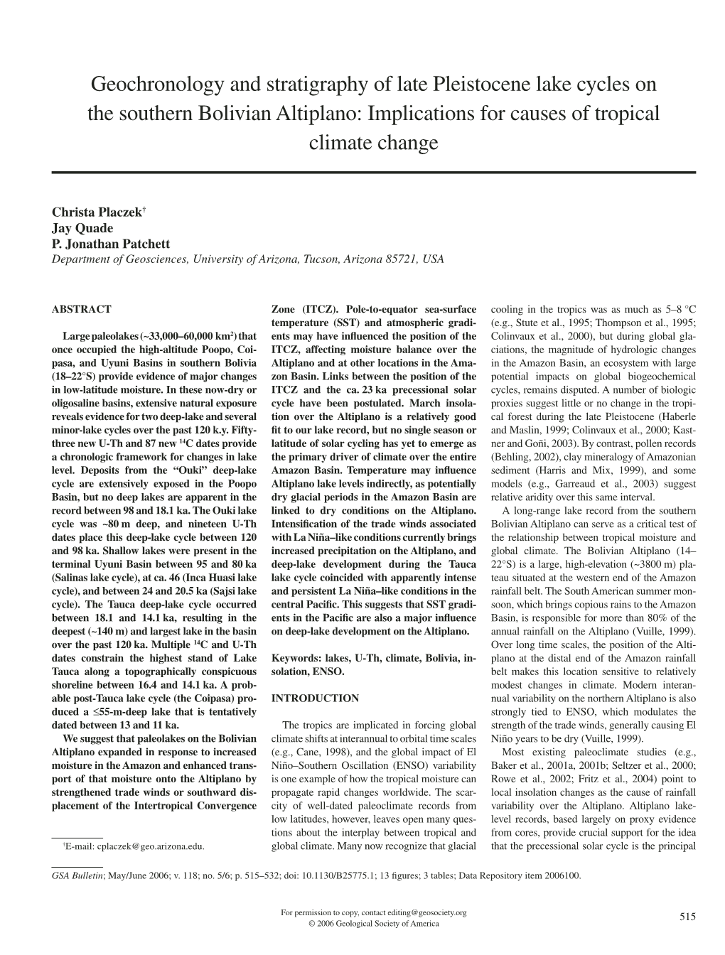 Geochronology and Stratigraphy of Late Pleistocene Lake Cycles on the Southern Bolivian Altiplano: Implications for Causes of Tropical Climate Change