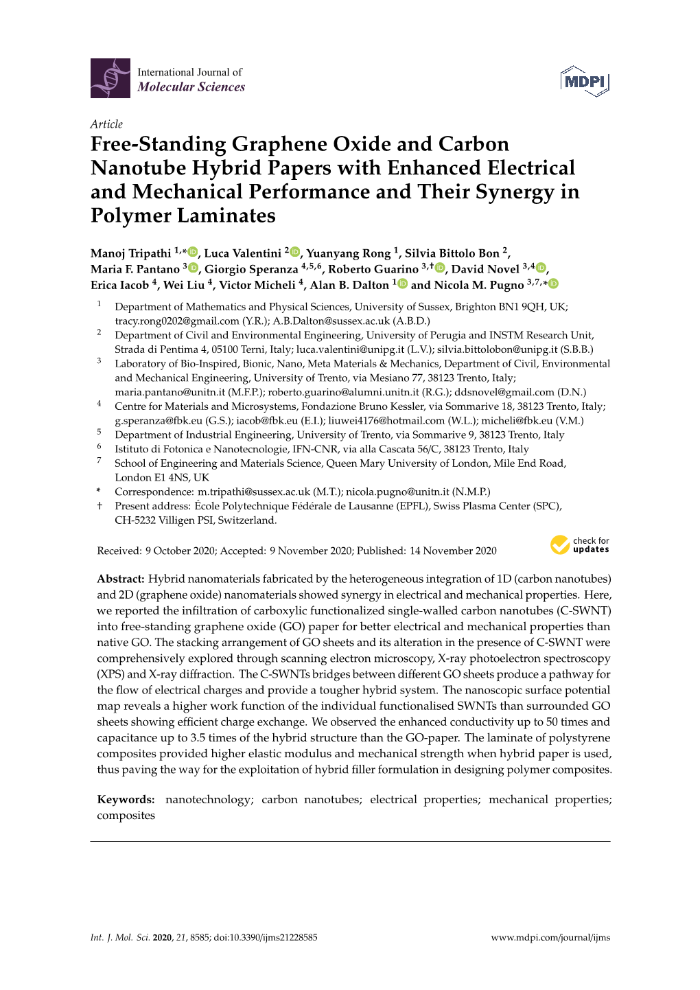 Free-Standing Graphene Oxide and Carbon Nanotube Hybrid Papers with Enhanced Electrical and Mechanical Performance and Their Synergy in Polymer Laminates