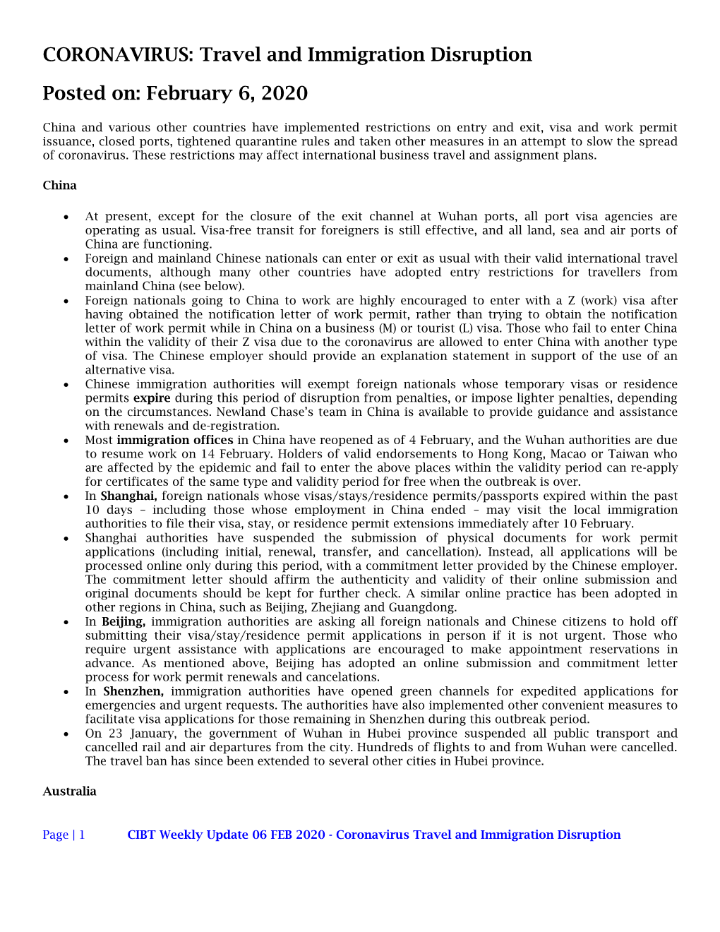 CORONAVIRUS: Travel and Immigration Disruption Posted On: February 6, 2020