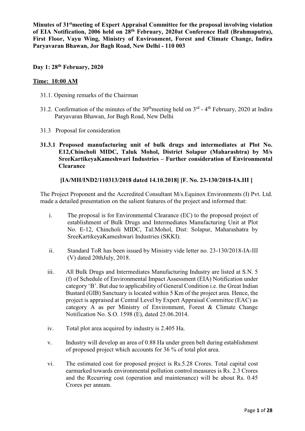 Minutes of 31Stmeeting of Expert Appraisal Committee for the Proposal Involving Violation of EIA Notification, 2006 Held on 28Th