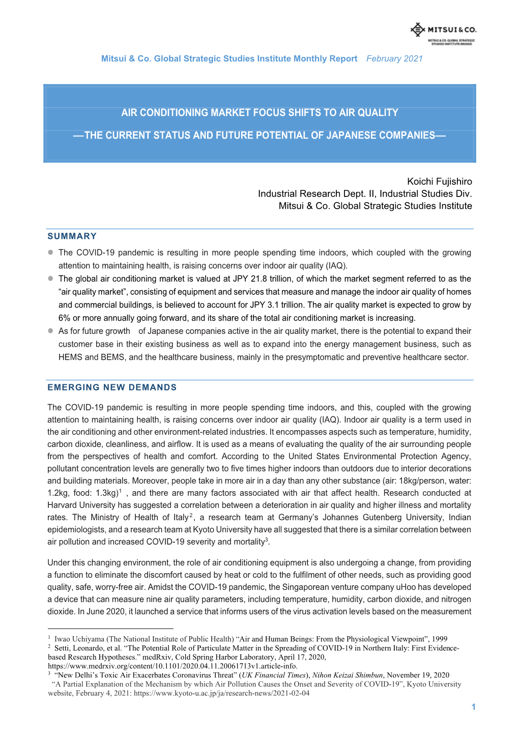 Air Conditioning Market Focus Shifts to Air Quality —The Current Status and Future Potential of Japanese Companies