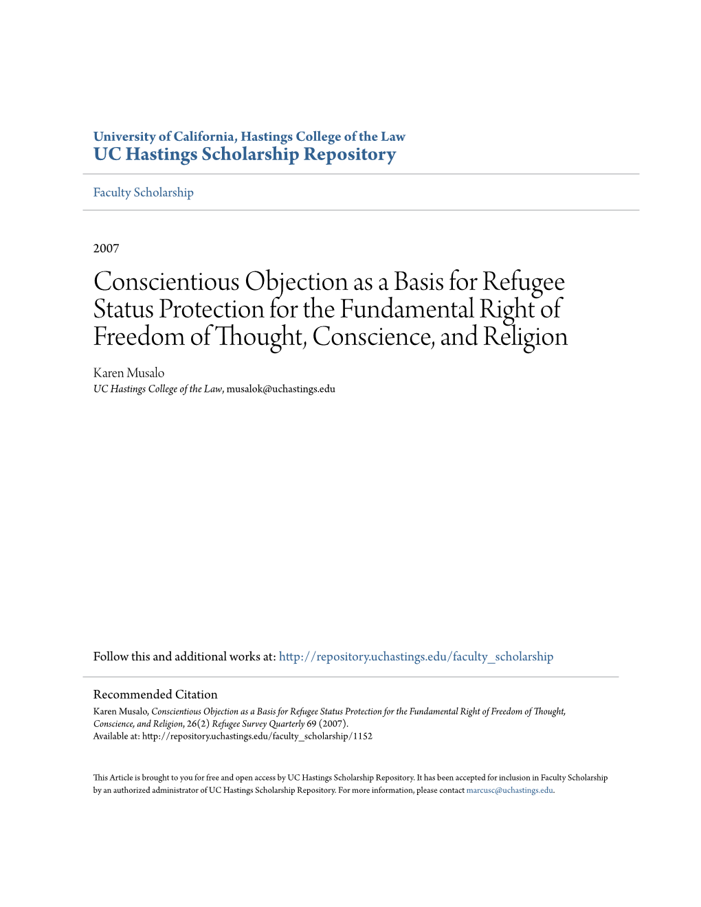 Conscientious Objection As a Basis for Refugee Status Protection for The