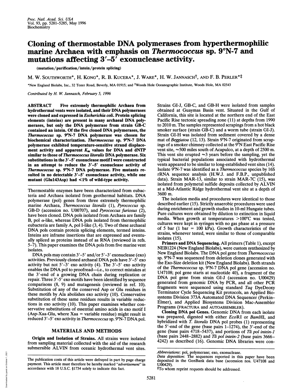 Cloning of Thernostable DNA Polymerases from Hyperthermophilic Marine Archaea with Emphasis on Thermococcus Sp